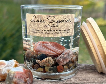 Lake Superior Agate Clear Gel Candle | Burn the Candle Keep the Treasure! | Michigan Gift | Wedding Favor | Cottage Decor | Minnesota