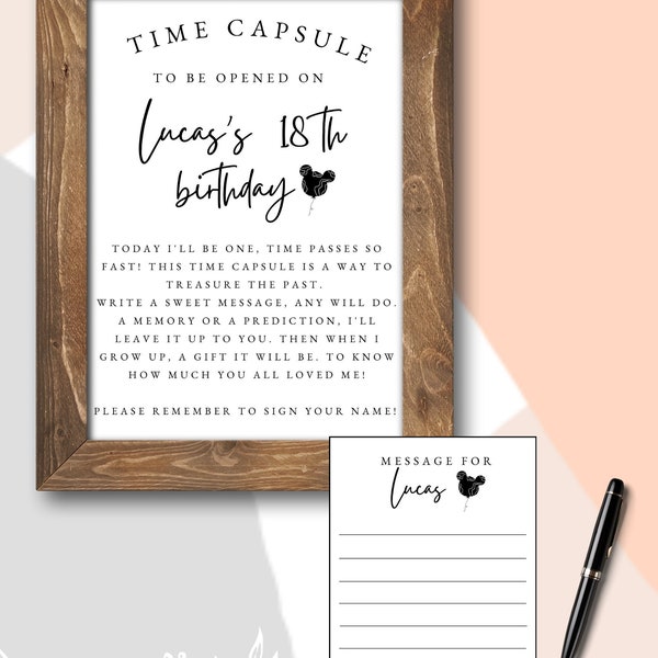 Time Capsule- First Birthday Mickey Mouse Balloon TEMPLATE Black and White - minimalistic monochrome, instant download