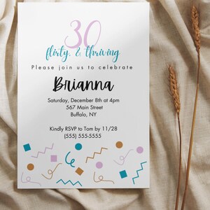30th Birthday, Thirty, Flirty and Thriving, Retro, 90s, Instant Download, Canva Template, Editable Birthday Invitation
