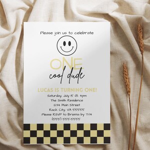 ONE Cool Dude, Birthday Invitation, First Birthday Invitation TEMPLATE, Black & Yellow, Instant Download, Canva Template