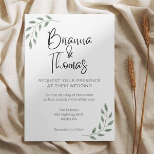 Greenery Simple Wedding invitation, DIY Canva Template, Elegant Wedding Ceremony, Modern, Instant Download