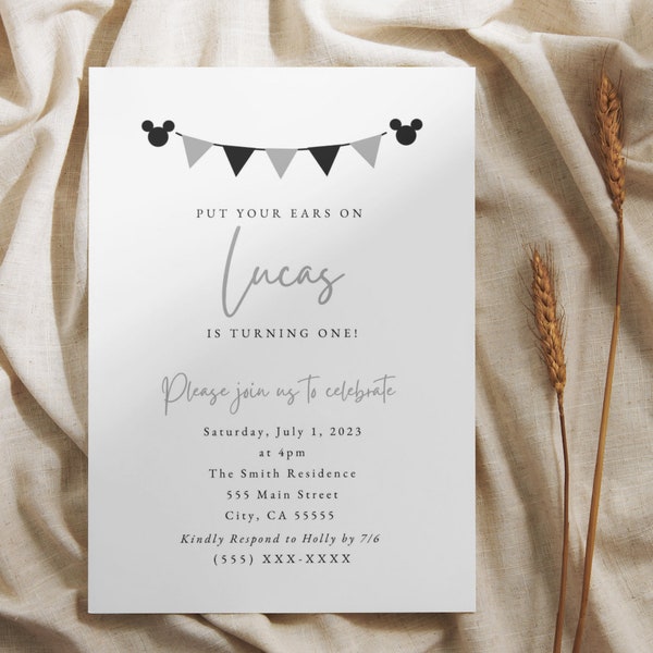 Birthday Invitation- First Birthday Mickey Mouse Banner TEMPLATE Black & White - minimalistic monochrome, instant download