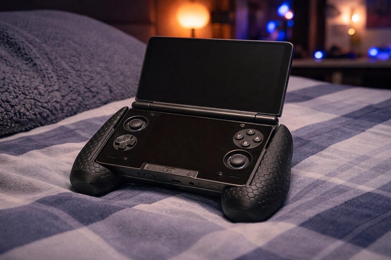 May include: A black handheld gaming console with a dual-screen clamshell design. The device features a top display screen, a bottom screen with integrated directional pads, action buttons labeled A, B, X, and Y, and two analog joysticks.
