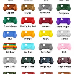 May include: A collection of twenty-eight controller grips in various colors including black, lavender, gold, milk white, copper, bronze, aluminium, evergreen, forest green, fire engine red, maroon, royal purple, blue, orange, yellow, marble, rainbow, sky blue, dark gray, pink, light silver, mage green, mage blue, mage purple, mage gold, red, dark brown, and brown.