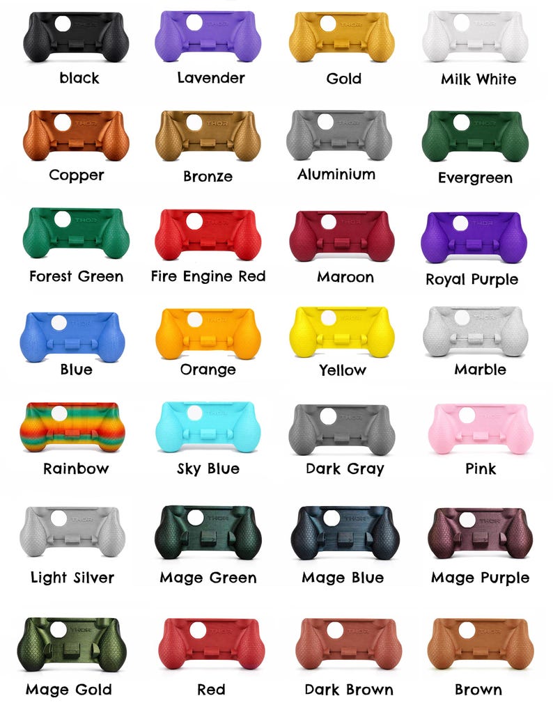 May include: A collection of twenty-eight controller grips in various colors including black, lavender, gold, milk white, copper, bronze, aluminium, evergreen, forest green, fire engine red, maroon, royal purple, blue, orange, yellow, marble, rainbow, sky blue, dark gray, pink, light silver, mage green, mage blue, mage purple, mage gold, red, dark brown, and brown.