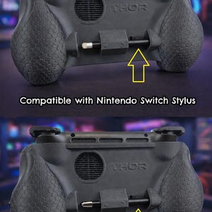 May include: A black matte controller grip featuring a textured honeycomb pattern on the handles and a central slot for a stylus. The text reads: Add 1 or 2 pieces of foam behind loose stylus for fit, Compatible with Nintendo Switch Stylus, and Compatible with generic stylus under 8mm diameter.