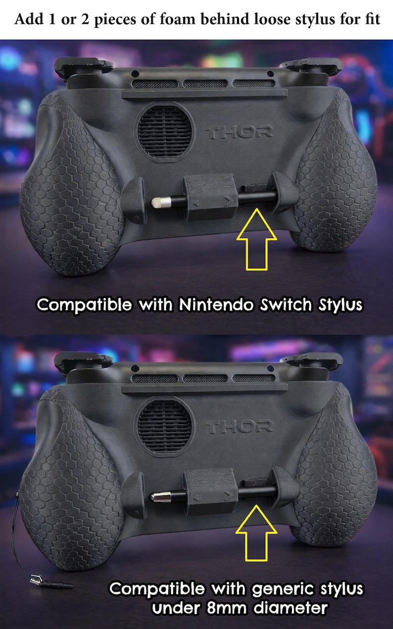 May include: A black matte controller grip featuring a textured honeycomb pattern on the handles and a central slot for a stylus. The text reads: Add 1 or 2 pieces of foam behind loose stylus for fit, Compatible with Nintendo Switch Stylus, and Compatible with generic stylus under 8mm diameter.