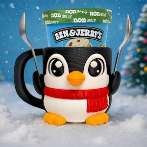 Penguin Ice Cream Pint Holder - Fits Standard & Ninja-Creami Pints - 2 Spoon Slots - Insulated Cup Sleeve - Reusable Ice Cream Sleeve