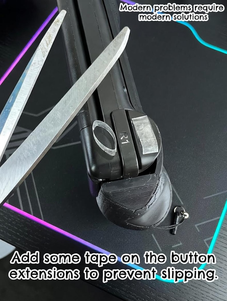 May include: A black gaming controller attachment with an R1 button extension, featuring small pieces of clear adhesive tape applied to the surface. The text Modern problems require modern solutions and Add some tape on the button extensions to prevent slipping are visible.
