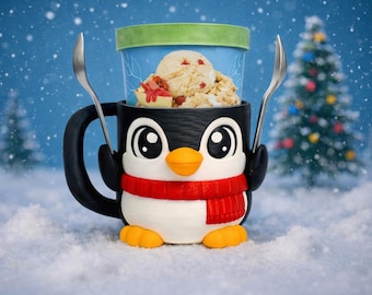 Penguin Ice Cream Pint Holder - Fits Standard & Ninja-Creami Pints - 2 Spoon Slots - Insulated Cup Sleeve - Reusable Ice Cream Sleeve