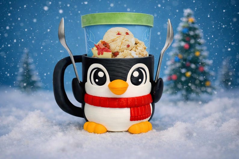 Produktbild von 2er Set Pinguin Eisbecher Halter – 3D-Druck Niedlich, Mit 4 Löffeln, Für Eis, Joghurt & Snacks (ideal Für Dessert-Bar)