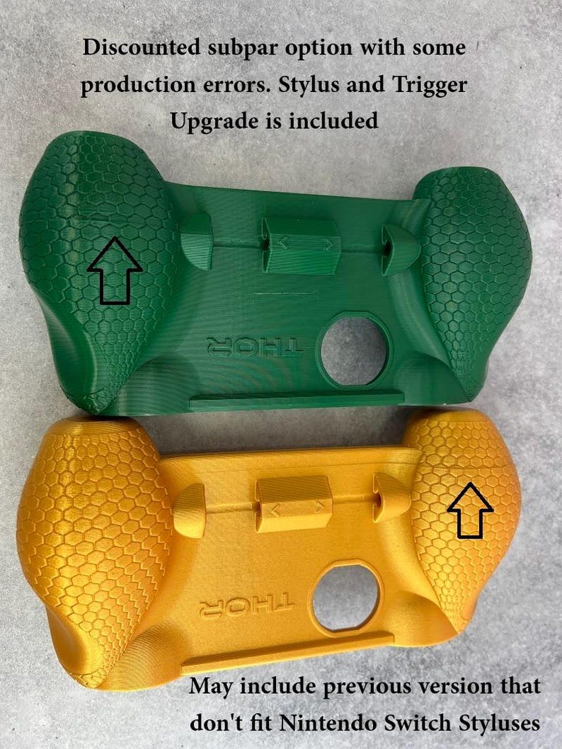 May include: Two 3D-printed controller grips in green and yellow, featuring a hexagonal texture on the handles and the word THOR embossed on the front. Text on the image reads: Discounted subpar option with some production errors. Stylus and Trigger Upgrade is included. May include previous version that don't fit Nintendo Switch Styluses.