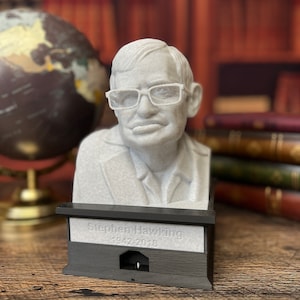 Puede incluir: Busto gris claro de Stephen Hawking con gafas. El busto está montado sobre una base negra con el nombre "Stephen Hawking" y los años "1942-2018" inscritos. El busto se encuentra frente a un fondo borroso de libros y un globo terráqueo.