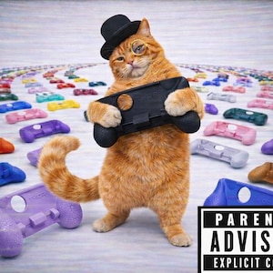 May include: An orange tabby cat wearing a black top hat and a monocle, holding a black gaming controller grip. The cat is surrounded by numerous colorful gaming controller grips arranged in a spiral pattern. A black and white Parental Advisory label.