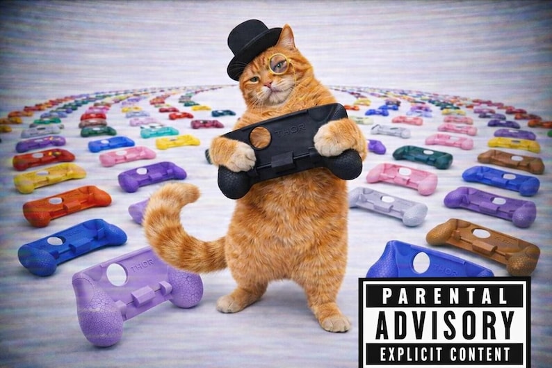 May include: An orange tabby cat wearing a black top hat and a monocle, holding a black gaming controller grip. The cat is surrounded by numerous colorful gaming controller grips arranged in a spiral pattern. A black and white Parental Advisory label.
