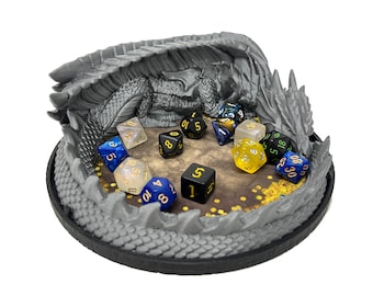 Dragon's Hoard Dice Tray - (Random 7pc D20 Dice Included) - Dice Jail - Dice Holder - Neoprene Rolling Mat - DnD - D&D