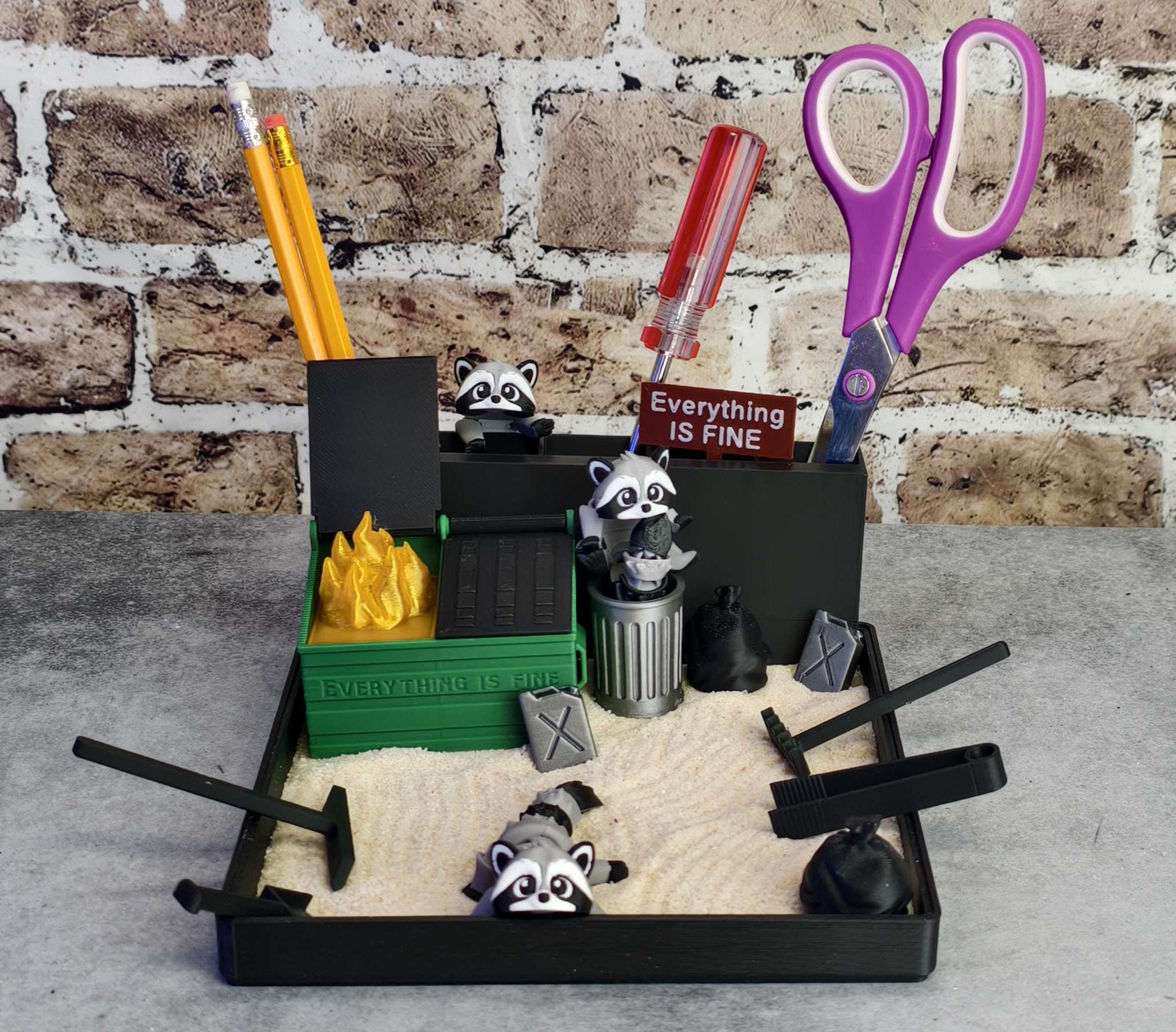 Dumpster Fire Zen Garden - Large 7" x 7" with Fine Sand - Desk Accessory Sand Box - Sand Garden - Funny Novelty Gift - Fidget Stress Relief