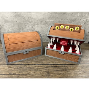 May include: A wooden treasure chest with a hinged lid and a lock. The chest is open and reveals a red tongue and rows of white teeth. The chest has five yellow eyes on the top.