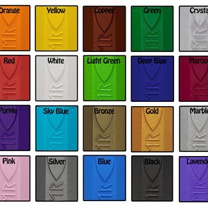 May include: A color chart with 20 different colors, each with a name label. The colors include orange, yellow, copper, green, crystal, red, white, light green, deep blue, maroon, purple, sky blue, bronze, gold, marble, pink, silver, blue, black, and lavender.