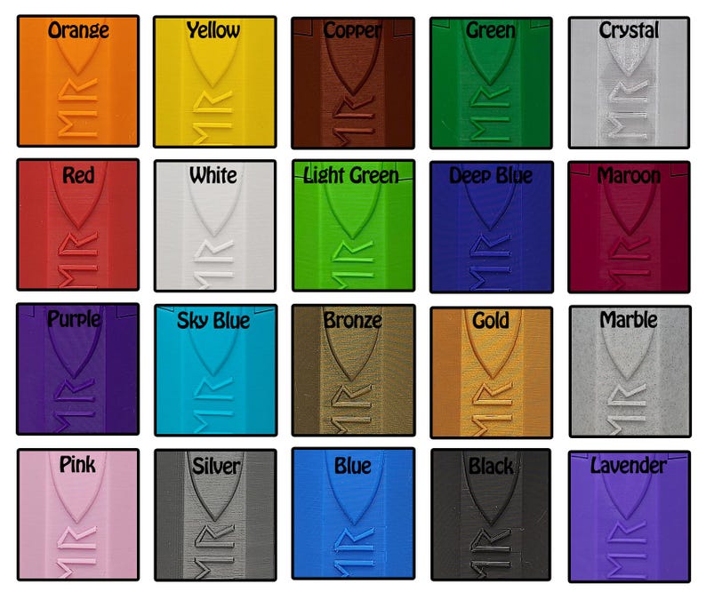 May include: A color chart with 20 different colors, each with a name label. The colors include orange, yellow, copper, green, crystal, red, white, light green, deep blue, maroon, purple, sky blue, bronze, gold, marble, pink, silver, blue, black, and lavender.