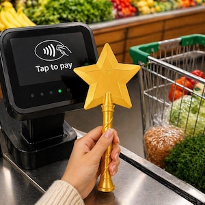 May include: A gold star-shaped wand is held near a point-of-sale terminal displaying "Tap to pay." A shopping cart filled with produce, including tomatoes and lettuce, is in the background. The scene takes place in a grocery store.