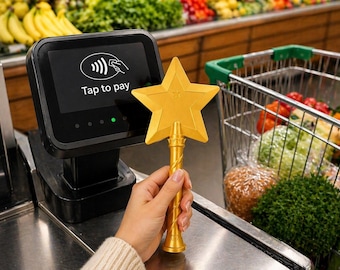 Star Wand Tap to Pay Credit Card Holder, Funny Novelty Toy, Sturdy Plastic with Unique Spiral Handle Design