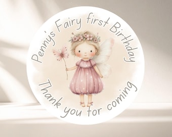 Personalised Fairy First Birthday Stickers: Thank You Party Decorations