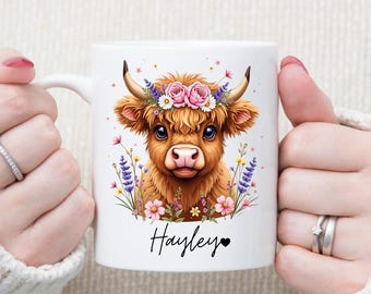 Personalised Highland cow Boho floral 11oz Mug or Coaster , Adorable cow image perfect gift for her , Friend, Co-worker, highland cow lover
