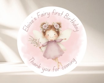 Personalised Fairy First Birthday Stickers, Thank You Party Favors