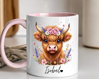 Personalised Highland Cow Boho Floral Mug or Coaster, Adorable Cow Lover Gift