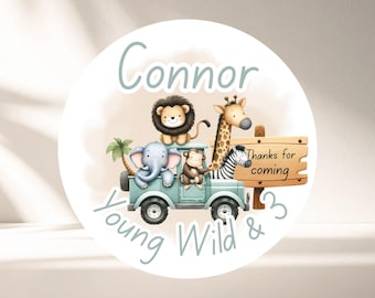 Personalised Young wild and 3, Birthday safari Stickers , Turning 3 Party