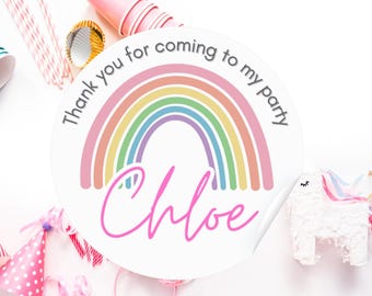 Personalised Pastel Rainbow thank you for coming to my party stickers for kids party , Birthday , Favours