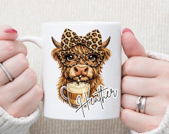 Personalised Leopard Highland Cow Mug or Coaster | Custom Cow Lover Gift