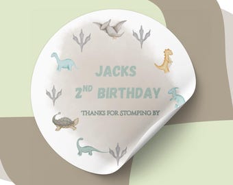 Personalised Dinosaur , Prehistoric Birthday Theme Party stickers , Neutral Tones