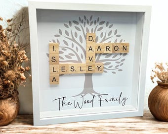 Personalized Scrabble Tile Family Tree, White Box Frame Art