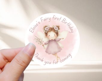 Personalised Fairy First Birthday Stickers, Thank You Party Favors
