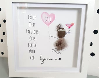 Personalised Pebble Art Frame | 70th Birthday Keepsake | Scottish Pebbles, Feather Dress