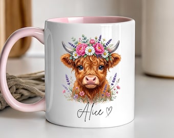 Personalised Highland Cow Boho Floral Mug or Coaster, Adorable Cow Lover Gift