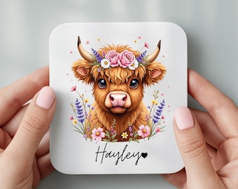 Personalised Highland Cow Floral Mug or Coaster, Boho Animal Art Gift