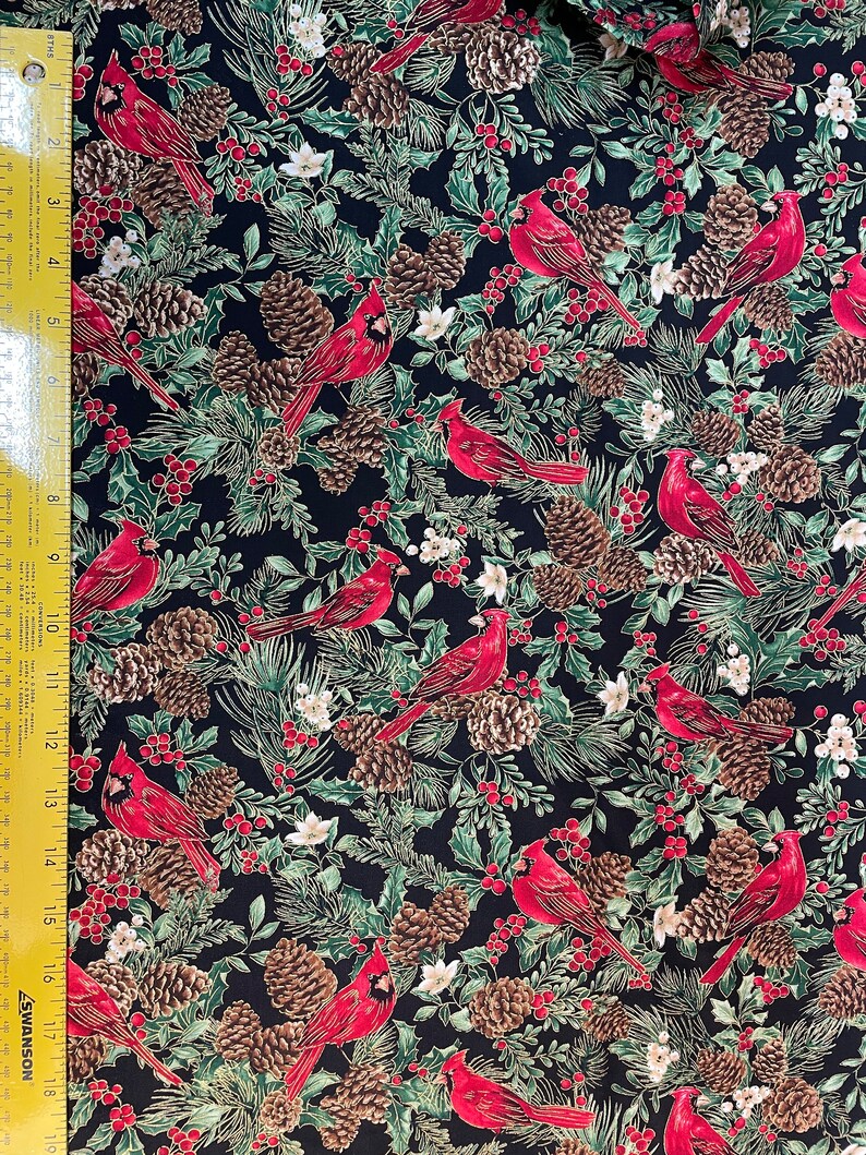 Cardinal Birds on Black Metallic 100 Cotton for Clothing ,crafts and