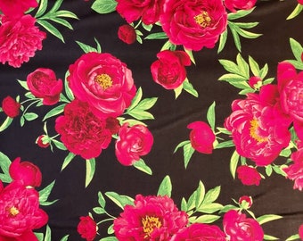 Red roses on black print  Fabric 100% cotton for clothing ,crafts and quilting ,  bty 1/4 1/2 3/4