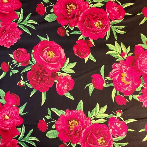 Red roses on black print  Fabric 100% cotton for clothing ,crafts and quilting ,  bty 1/4 1/2 3/4