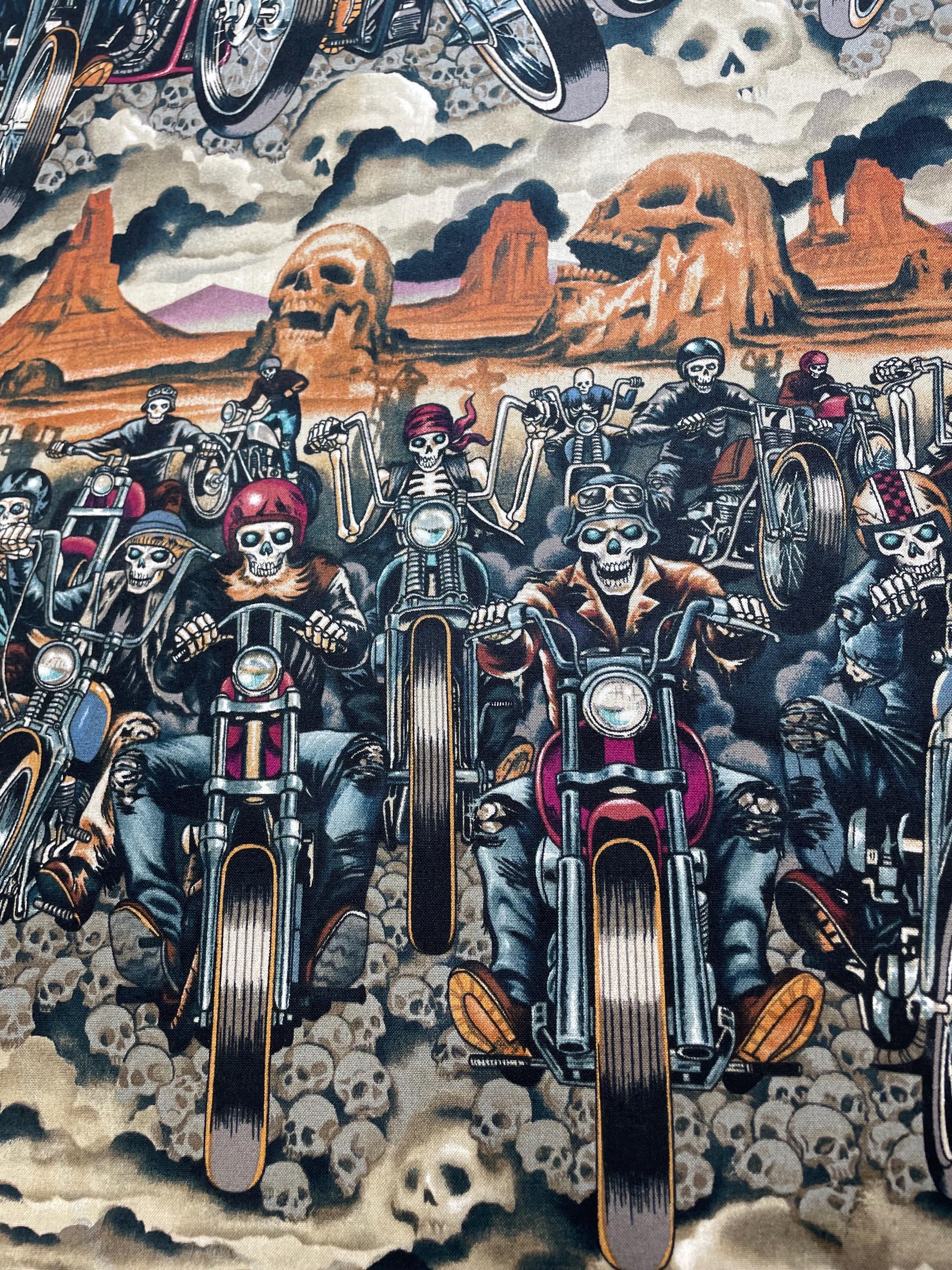 Henry New Riders Alexander Henry Riders on the Storm Fabric: Motorcycle Skeleton Cotton ...