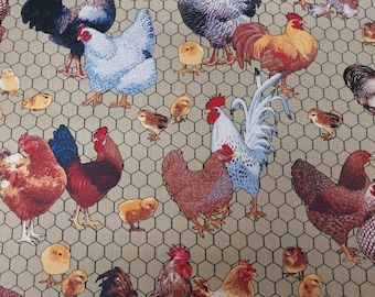 Chicken and Roosters and baby Chicks on Tan Cotton Fabric for clothing ,crafts and quilting ,B.T.Y. 3/4,1/2,1/2,1.4,fat quarter