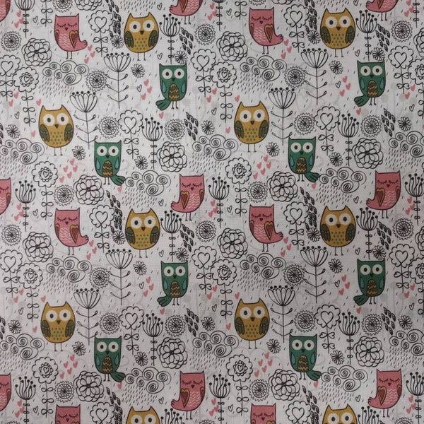 owls in the garden on white Fabric ,100% cotton for clothing ,crafts and quilting ,B.T.Y.,1/4 1/2 3/4