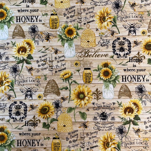 Rare Limited stock available Hi fashion Bee positive and Flowers Fabric 100% cotton for clothing ,crafts B.T.Y.3/4,1/2,1/4,fat quarter