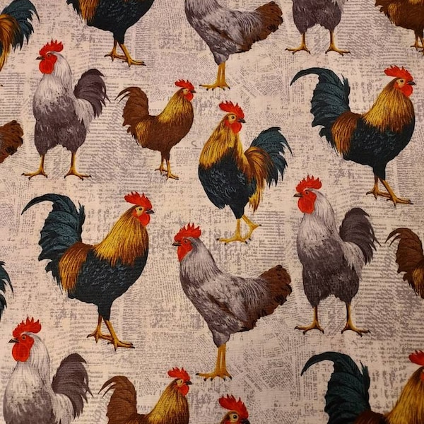 Poulets de ferme sur papier journal Tissu 100% coton pour vêtements, artisanat, rideaux et courtepointe B.T.Y. 3/4,1/2,1/4,fat quarter