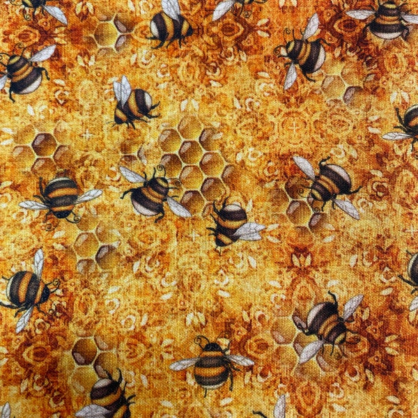 Sweet as honey,Dan Morris Bees and honey combs gold 100% cotton for clothing ,crafts and quilting ,B.T.Y.3/4,1/2,1/4,fat quarter