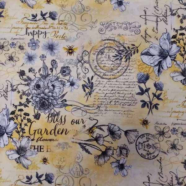 Timeless Treasures Queen bee old fashioned  text Fabric  by the yard 100% cotton for clothing ,crafts and quilting