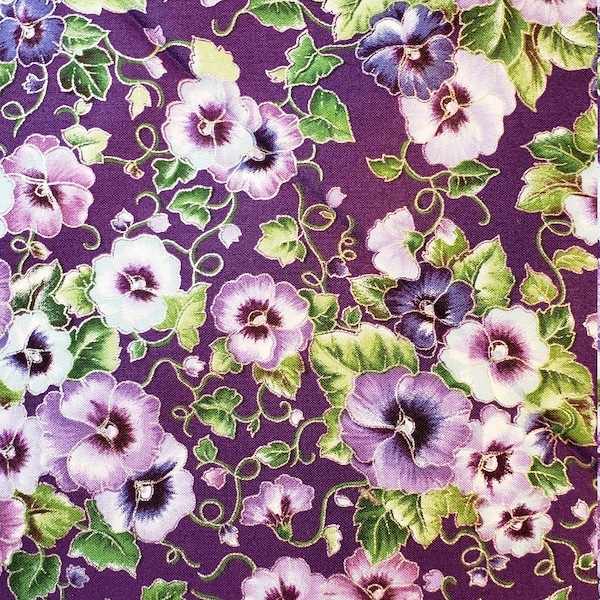 Marcus bros Purple on purple pansy's print  Fabric 100% cotton for clothing ,crafts and quilting ,  bty 1/4 1/2